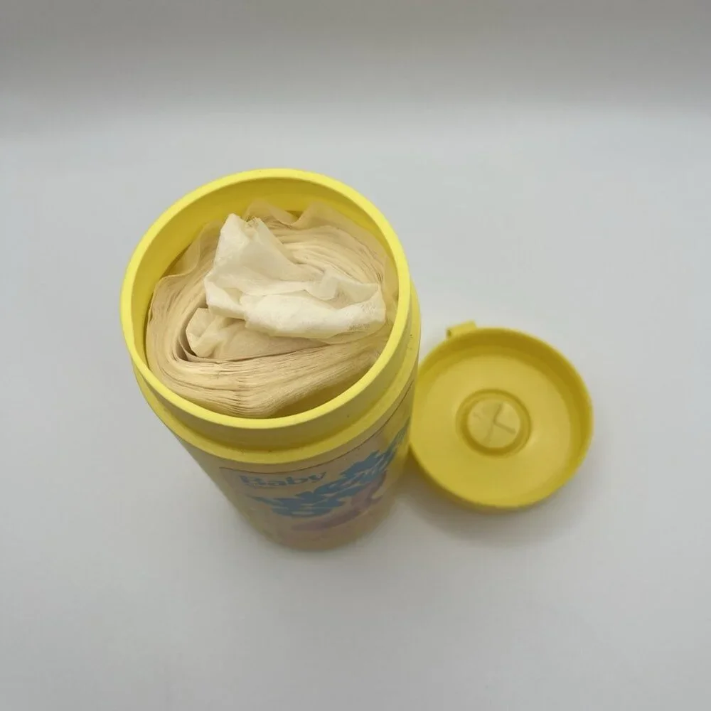 Vintage 80s Wet Ones Baby Size Towelettes Canister Retro Yellow Advertising